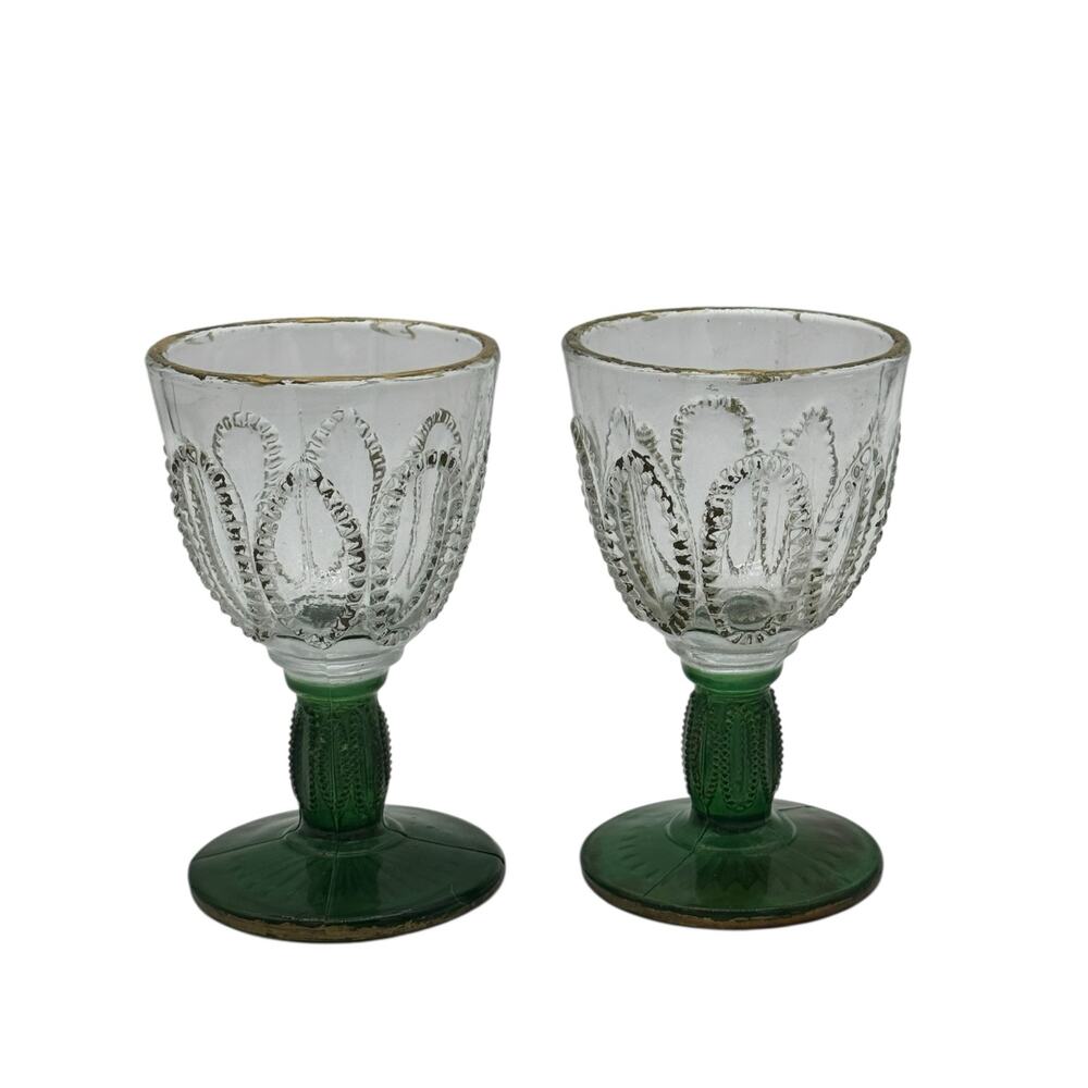 Vintage Emerald Green Stem Pressed Glass Cordial Goblets Set of 2 Gold Rim MCM